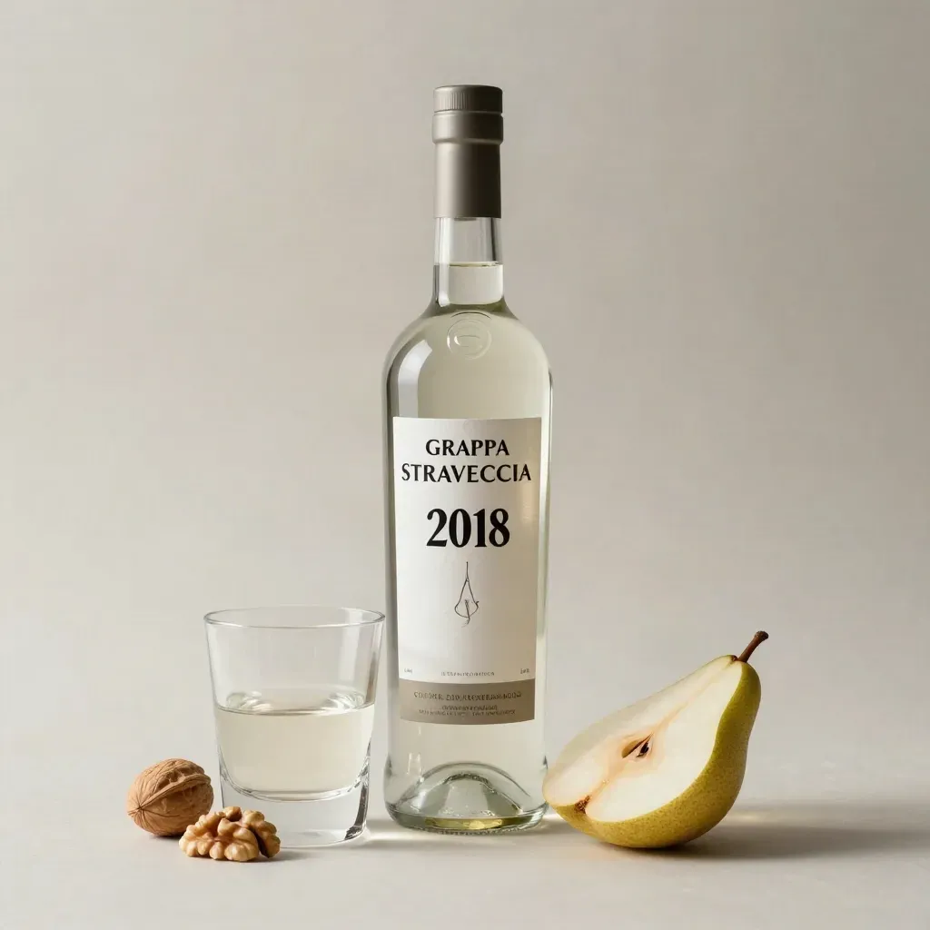 Bottiglia di grappa con bicchiere, noci e fetta di pera su sfondo chiaro.