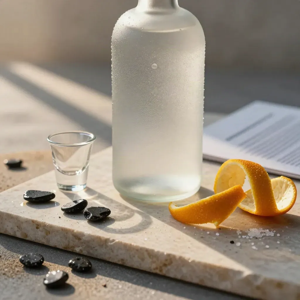 Bottiglia di gin, scorze d’agrumi, sale marino e pietre basaltiche bagnate.