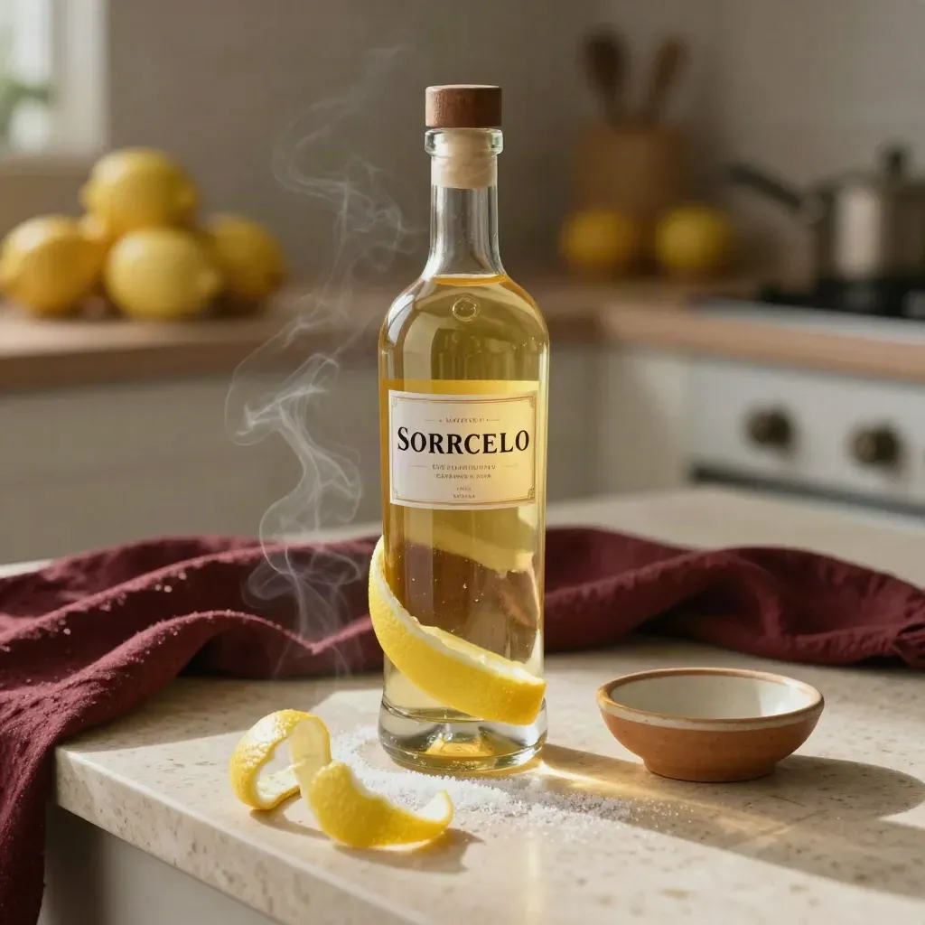 Bottiglia di limoncello con scorze di limone, zucchero e piattino in ceramica su travertino