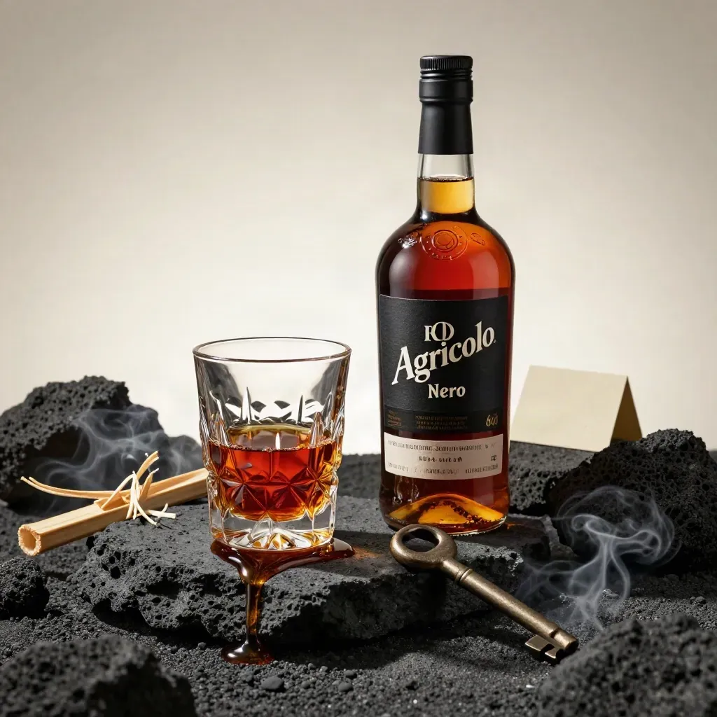 Bottiglia scura di rhum agricolo su pietra ardesia con melassa, canna e bicchiere basso.