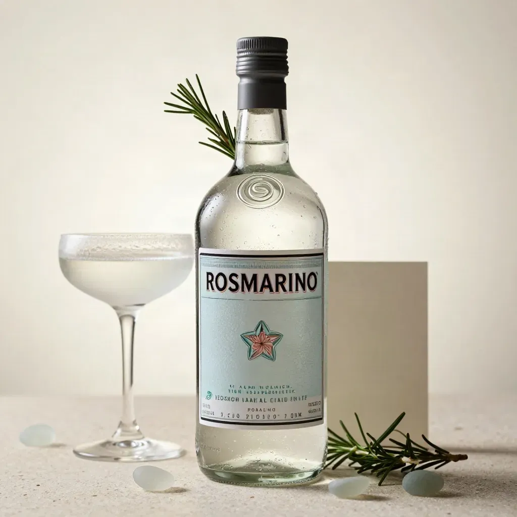 Bottiglia di gin al rosmarino con coupe ghiacciata e vetro marino su pietra chiara.