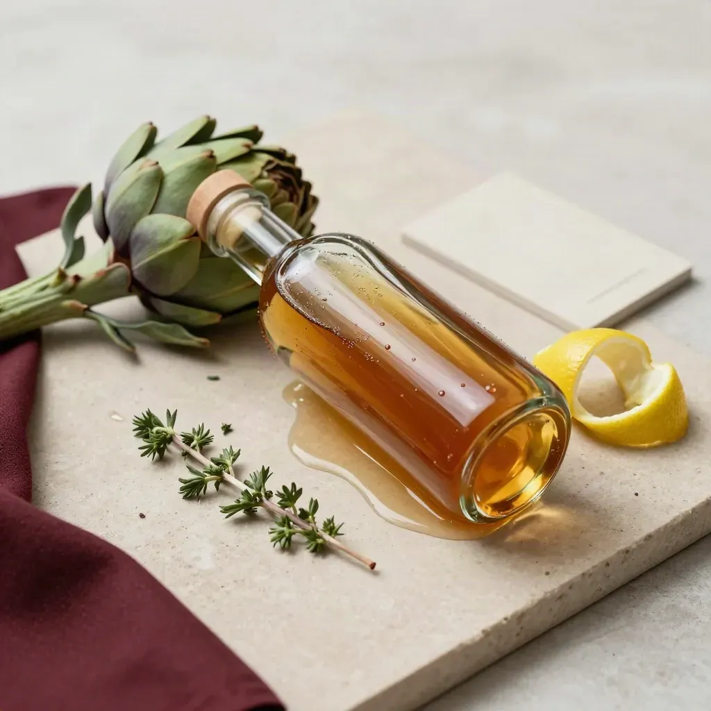 Bottiglia di amaro al carciofo con erbe amare, scorza di limone e gocce su pietra crema.