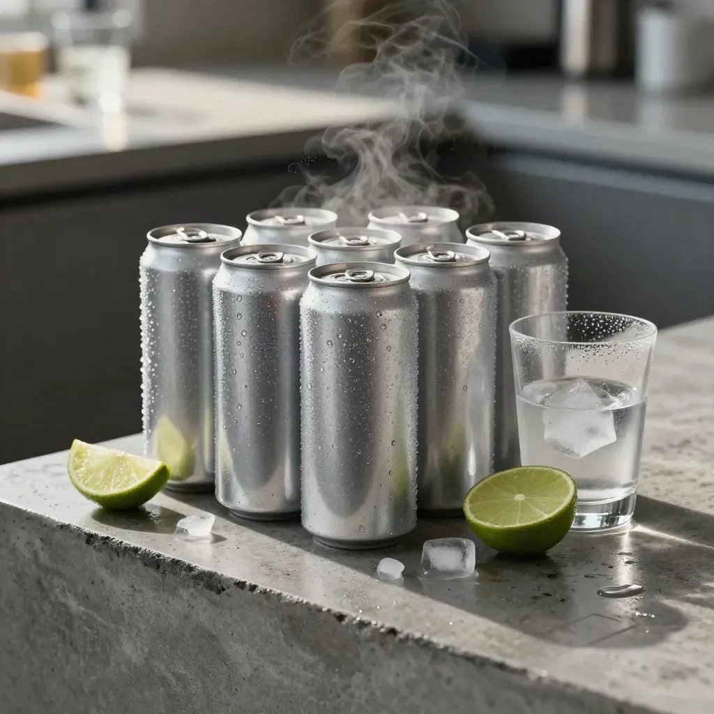 Lattine tonica ghiacciate con lime, ghiaccio e bicchiere highball su cemento freddo.
