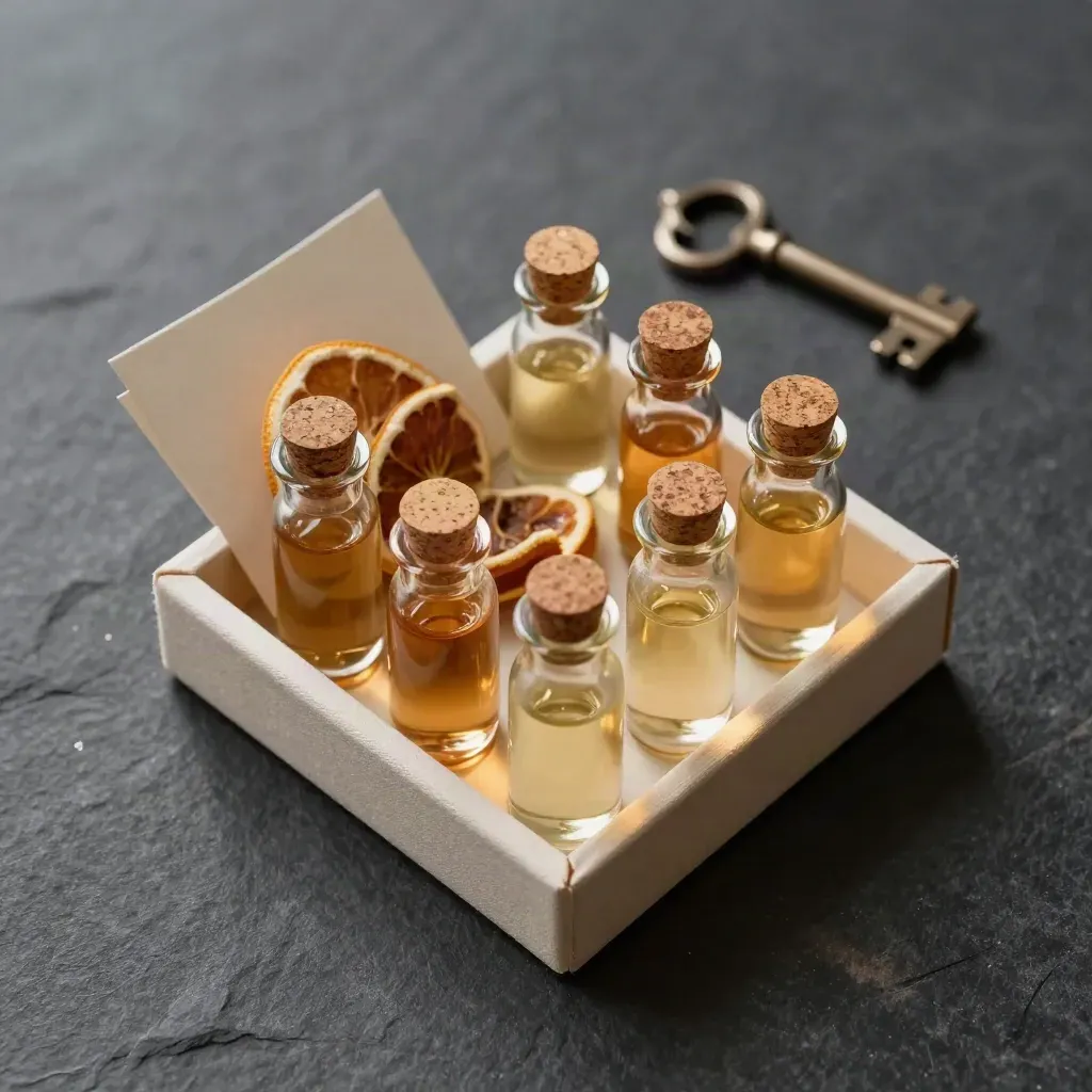 Cinque mini bottiglie da degustazione in vassoio con scorze d’agrumi e lino, vista dall’alto