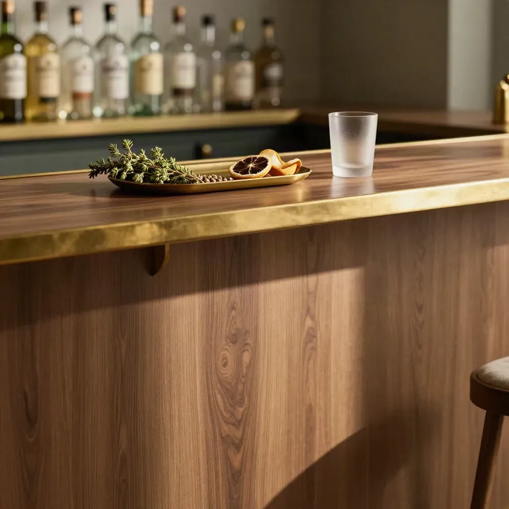Banco in legno noce con scaffali in ottone e vassoio botanico per gin, luce calda.